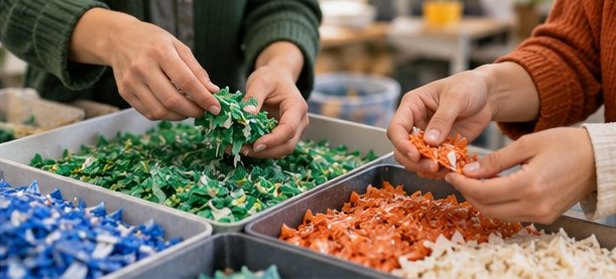 Concept image: hands sorting coloured plastic flakes.