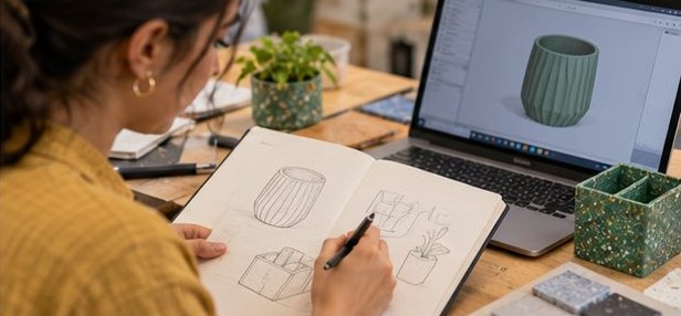 Concept image: a woman sketching a product beside a laptop showing a 3D model.