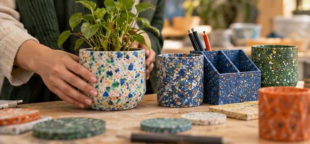 Concept image: finished products made from speckled recycled plastic.